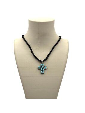 Sterling Turquoise Cross Pendant Necklace Black Cord 925 Silver Chain Southwest